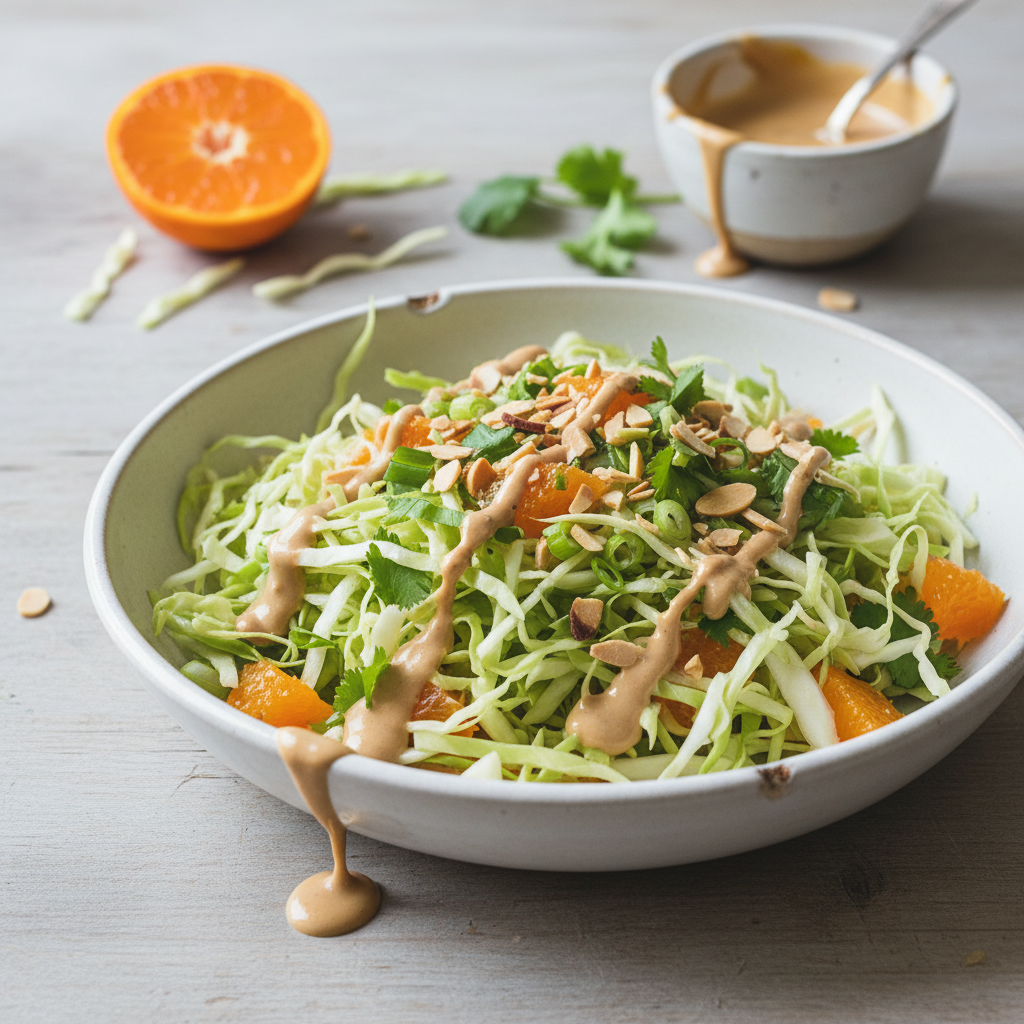 Cabbage salad with mandarin and peanut dressing