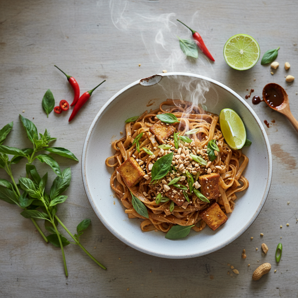 Plant-based pad thai with crispy basil tofu